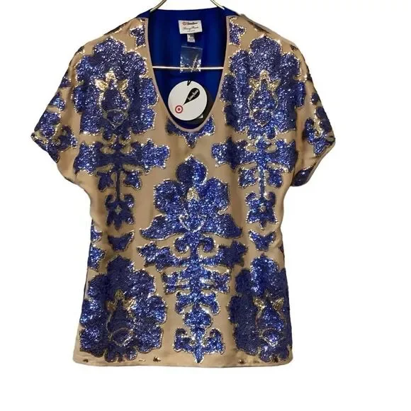 NWT Tracy Reese x Neiman Marcus Blue Sequin Short Sleeve Blouse Top S - Picture 8 of 12